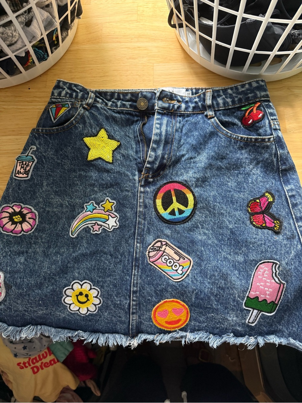 Lola + The Boys Denim Mini Skirt with Colorful Patch Motifs